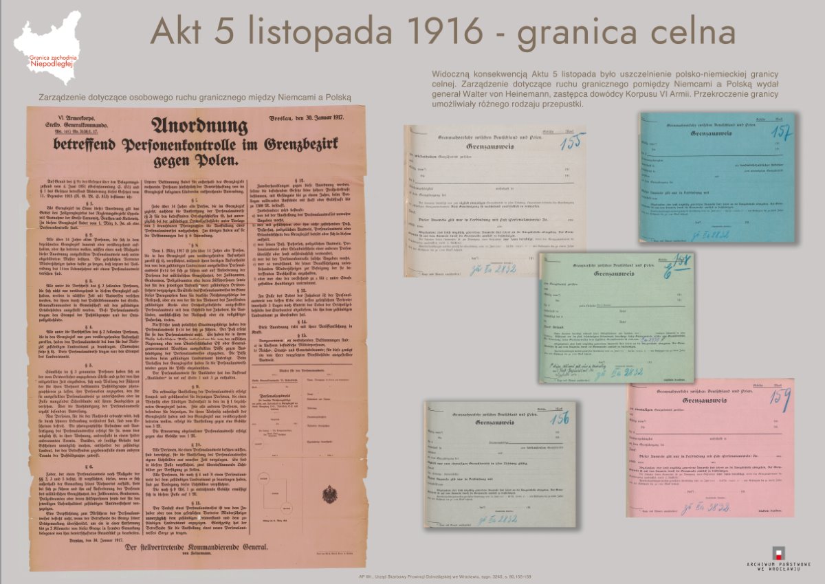 Plansza wystawy. Tytuł: Akt 5 listopada 1916 - granica celna.