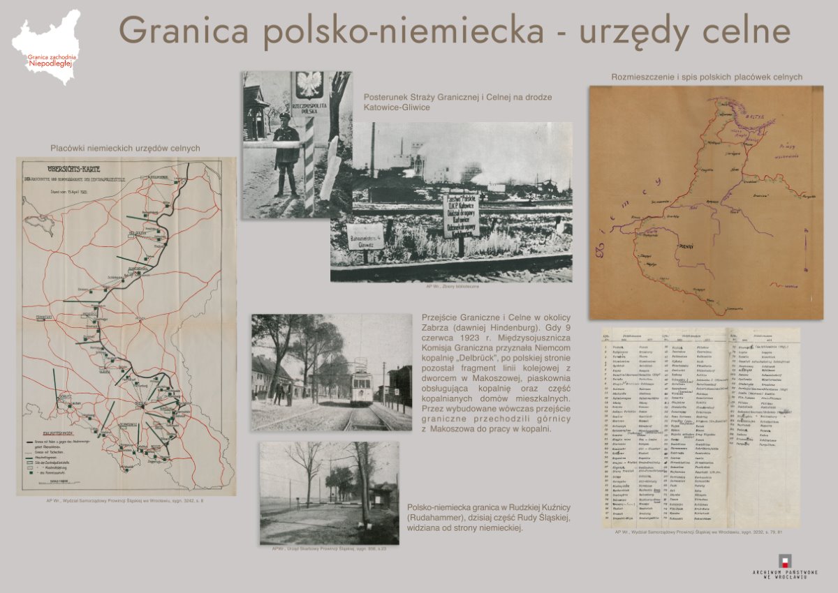 Plansza wystawy. Tytuł: Granica polsko-niemiecka - urzędu celne.