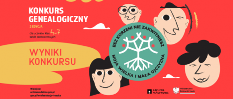 Grafika promująca konkurs w kolorze czerwonym, zielone, okrągłe logo konkursu po środku. Wokół loga narysowane wizerunki uśmiechniętych dzieci.
