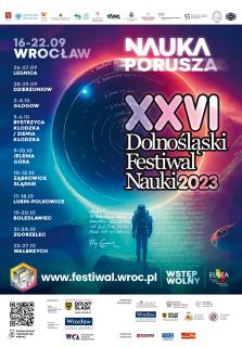 Plakat w konwencji kosmicznej. Sylwetka astronauty w skafandrze stojącego na skale, który odwrócony plecami zwrócony jest w stronę okręgu ze wzorami przypominającego planetę. U góry i dołu na białym tle loga organizatorów. Po lewej daty i miejsca wydarzenia.