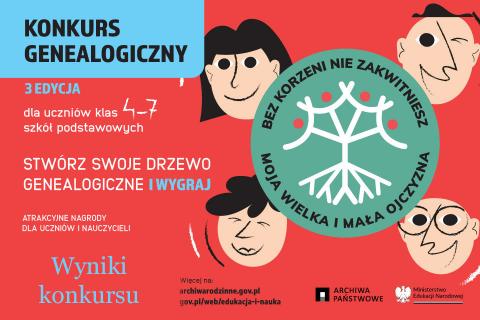 Grafika promująca konkurs w kolorze czerwonym, zielone, okrągłe logo konkursu po środku. Wokół loga narysowane wizerunki uśmiechniętych dzieci.