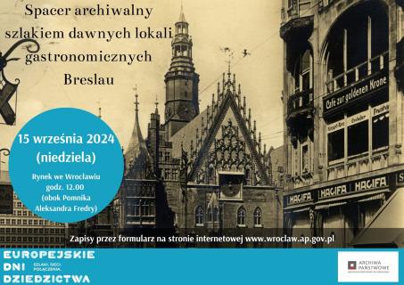 Grafika z czarnobiałą widokówką wrocławskiego ratusza. Po lewej jasnoniebieskie koło z datą i miejscem wydarzenia.