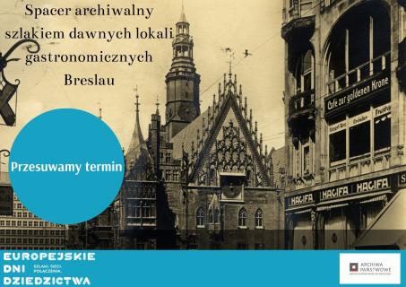 Grafika z czarnobiałą widokówką wrocławskiego ratusza. Po lewej jasnoniebieskie koło z datą i miejscem wydarzenia.