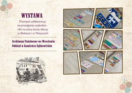 Grafika promująca wystawę w kolorze kremowym. Tło imitujące tkaninę. W lewym dolnym rogu rysunek tkaczy przy pracy. Po prawej osiem fotografii w formie puzzli ze zdjęciami wzorników tkanin. Po lewej tytuł i miejsce wystawy.