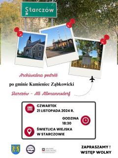 Grafika przedstawiająca trzy fotografie ułożone obok siebie przymocowane pineskami na tle zdjęcia z tabliczką miejscowości. Na trzech fotografiach kościół, przejazd kolejowy, stara kapliczka. U dołu tytuł wydarzenia, godzina i miejsce spotkania.