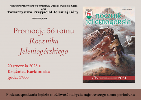 Grafika w kolorze szarym z tekstem w kolorze czerwonym oraz okładką książki po prawej stronie. Informuje o spotkaniu promocyjnym 56 tomu Rocznika Jeleniogórskiego.