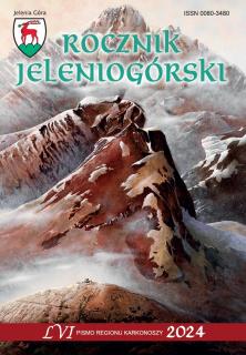 Kolorowa okładka książki przedstawiająca szczyty gór. U góry herb z jeleniem oraz tytuł "Rocznik Jeleniogórski". Pod spodem ciemnoczerwony pas z napisem LVI Pismo Regionu Karkonoszy 2024.