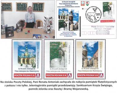 Kobieta obsługująca stoisko z pocztówkami i znaczkami, kartka pocztowa i trzy znaczki pocztowe z zabytkami Jeleniej Góry.