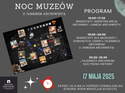 Plansza do gry w kolorze czarnym oraz tytuł wydarzenia wraz z programem i datą umieszczone na szarym tle.