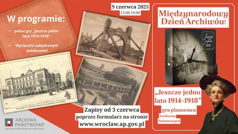 Kolorowa grafika w kolorze czerwonym z trzema czarno-białymi zdjęciami Wrocławia, zdjęciem pudełka z grą planszową z wizerunkiem zegara po prawej stronie oraz kobietą w czarnym kapeluszu na głowie w prawym dolnym rogu. Na plakacie tytuł, data i program wydarzenia.