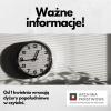 Czarnobiała grafika informacyjna przedstawiająca zegar. U góry napis: Ważne informacje!